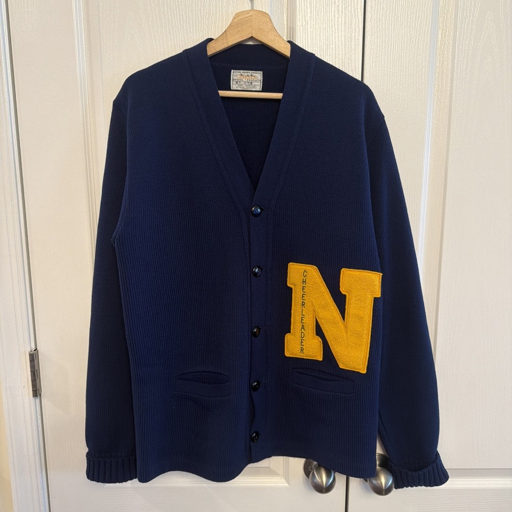 VTG Navy Blue Varsity Letterman Cardigan Sweater Yellow Chenille "N" Cheerleader